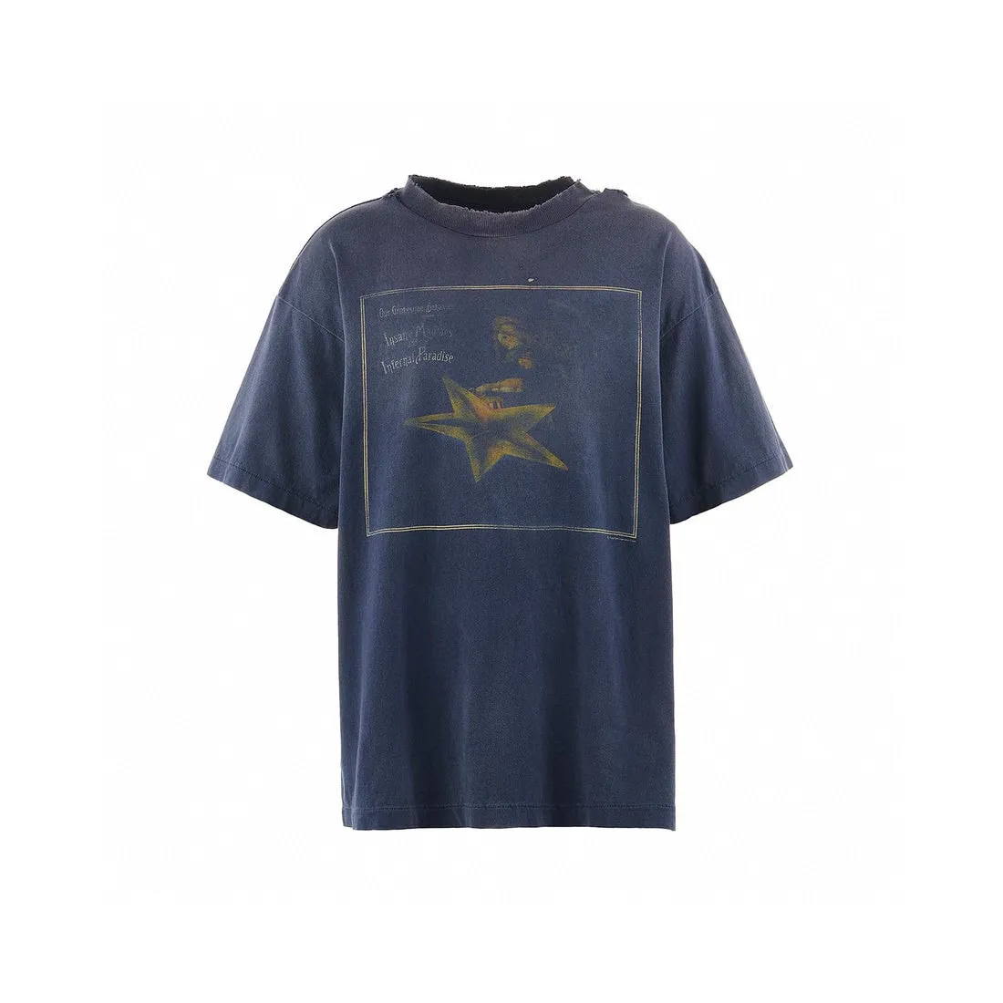 CACTUS PLANT FLEA MARKET x SAINT Mxxxxxx STAR SS TEE/NAVY New CPFM star smiley holed distressed short sleeves Washed blue S-XL Genuine consistent tube weaving without side seams High weight OE yarn fabric Assute dyeing Multiple horse fades Heavy wash water Worn holes Customized joint main mark/wash mark/little angel anti-counterfeiting label